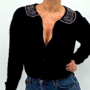 Vintage 90’s Dark Academia Angora Lambswool Beaded Peter Pan Collar Cardigan